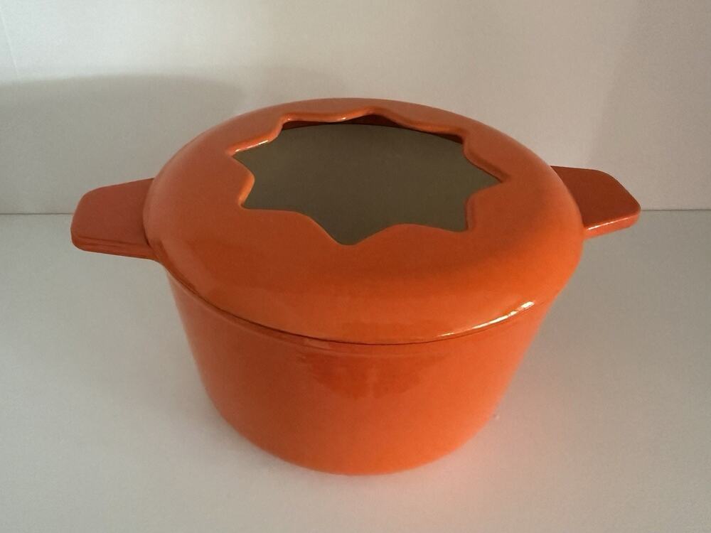 Vintage Orange Enameled Cast Iron Fondue Pot Star Shaped Open Lid Retro MCM